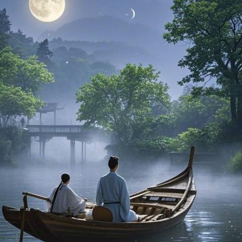 月夜泛舟：诗意与静谧的山水画卷