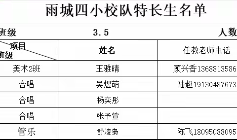 雨城四小2023年秋季校队特长班名单  班级分布