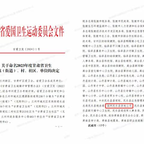 国网民乐县供电公司荣获“省级卫生单位”荣誉称号