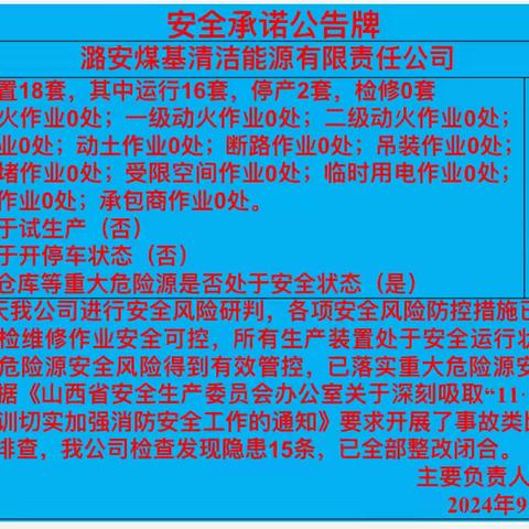 煤基清洁能源有限公司2024年9月20日安全生产工作简报