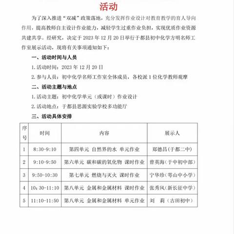 名师引领促成长  凝心聚力启新程 ——记于都县初中化学方明名师工作室之初中化学单元（或课时）作业设计展示活动