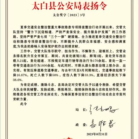喜报：太白县公安局交管大队获县公安局通报表扬