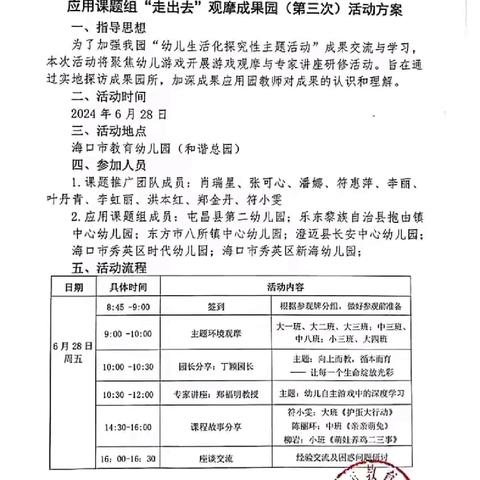 抱由镇中心幼儿园参加海口市教育幼儿园“幼儿生活化探究性主题活动研究与实践”成果推广第二期应用课题组“走出去”观摩成果园（第四次）活动