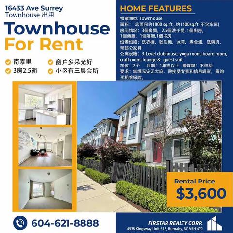 16433 Ave Surrey Townhouse for Rent