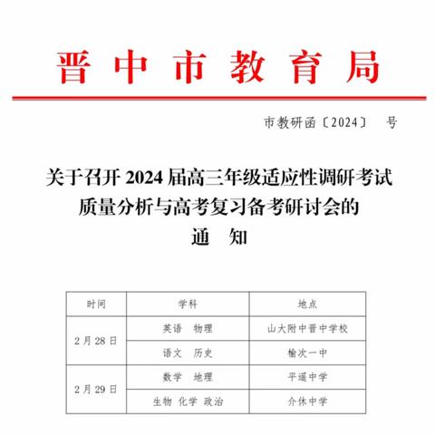 循道致远研备考，见贤思齐促突破——晋中市教研室2024届高三年级适应性调研考试质量分析与高考复习备考研讨活动纪实