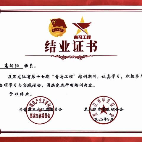 齐齐哈尔医学院药学院高阳阳荣获“青马工程”第十七期优秀学员称号