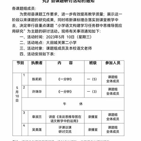 大田县城关第二小学2022县级立项课题TKTX-22051《小学语文构建学习任务群中思维导图应用研究