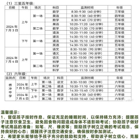 2023-2024学年度第二学期期末质量监测及放假安排