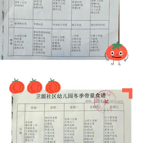 【伙食公示】卫源社区幼儿园2024年11月份带量食谱及伙食公示