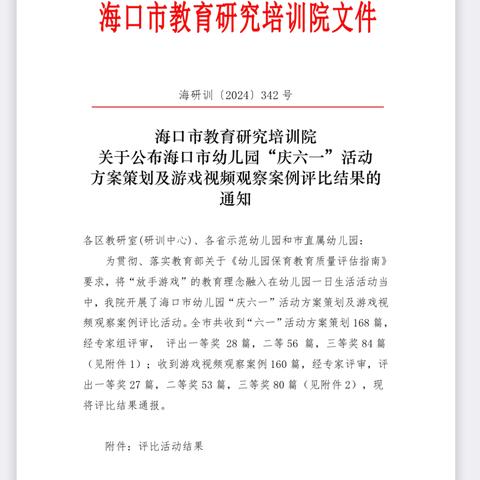 喜报——热烈祝贺我园在2024年度海口市幼儿园“庆六一”活动方案策划及游戏视频观察案例评比活动中荣获佳绩