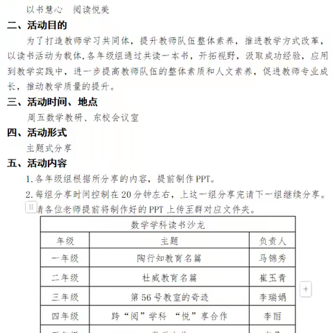 以书慧心  阅读悦美---铜谷小学数学组读书沙龙