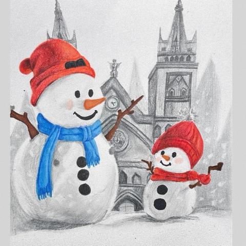 12.寒假趣味素描班课程分享创意素描《可爱的雪人》