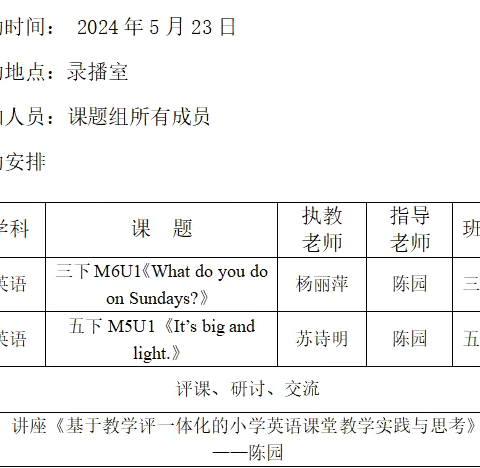 2022年基础教育教学县级立项课题《核心素养视域下小学英语“教-学-评”一体化实践研究》TKTX-22024第四次教学研讨活动