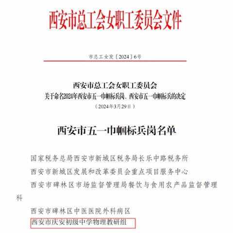 【奔跑吧，庆中！】热烈祝贺西安市庆安初级中学物理组荣获“西安市五一巾帼标兵岗”荣誉称号