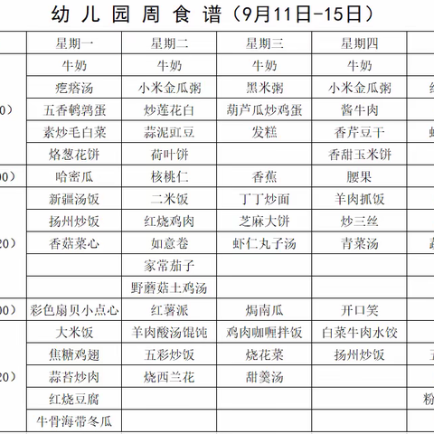 幼 儿 园 周 食 谱 （9月11日-15日）