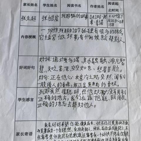 假期亲子阅读表