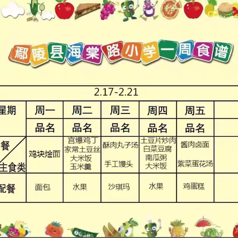 鄢陵县海棠路小学一周营养食谱 2.17—2.21