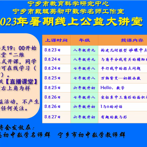 宁乡市初中数学名师工作室开展2023年“公益大讲堂”暑期线上互动，助力新学期！