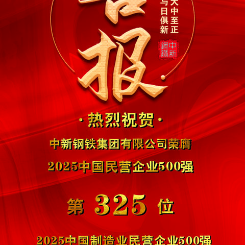 喜报！中新钢铁集团蝉联“中国民营企业500强”及“中国制造业民营企业500强”殊荣。