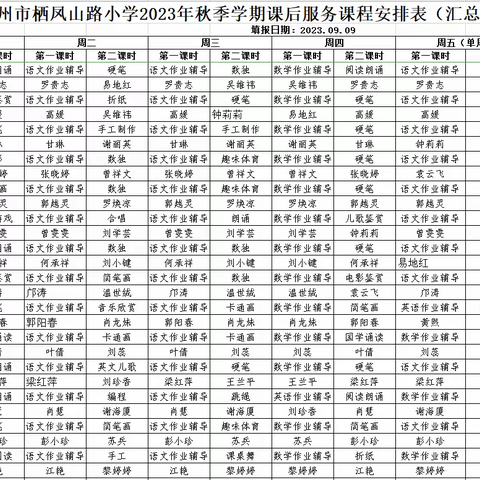 落实“双减”政策，做好课后服务——赣州市栖凤山路小学小学2023年秋季学期课后服务“晒课表”