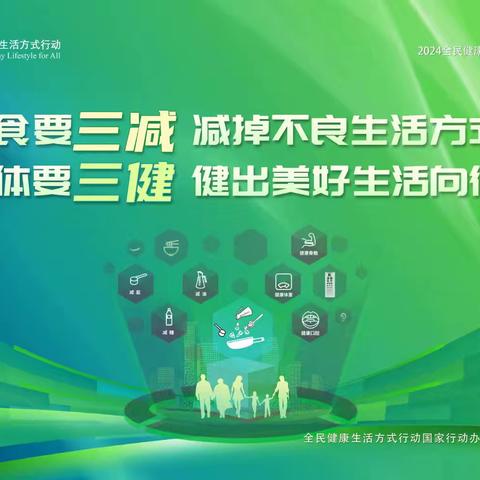 全民健康生活方式宣传月——食要三减，减掉不良生活方式；体要三健，健出美好生活向往。