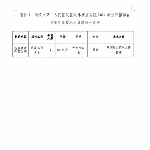 清镇市第一人民医院医共体新店分院2024年公开招聘合同制专业技术人员简章