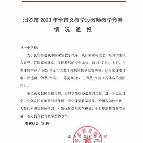 2023年汨罗市教师教学竞赛获奖情况通报