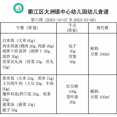 衢江区大洲镇中心幼儿园第十周食谱