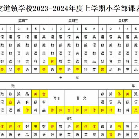 交道镇学校关于2023-2024学年度第一学期学校音体美等课程表公示