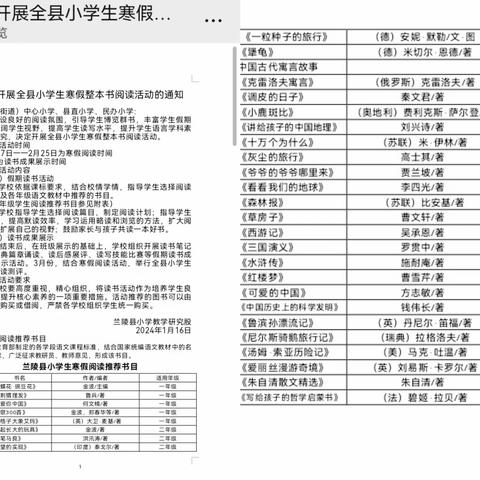 书香暖寒冬  阅读迎新年 --兰陵五小2024年开启学生寒假读书活动