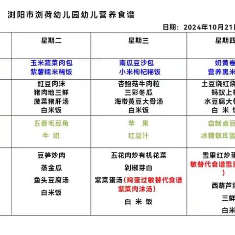 浏荷幼儿园10月21日—10月25日食谱