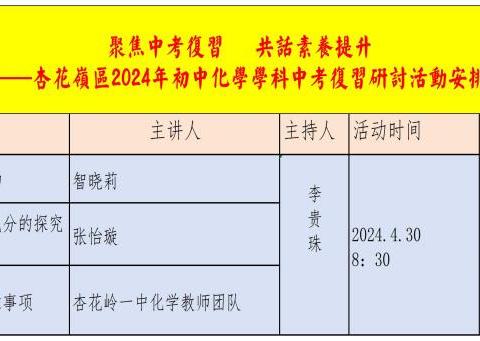 聚焦中考复习  共话素养提升 ——杏花岭区2024年初中化学学科中考复习研讨活动安排