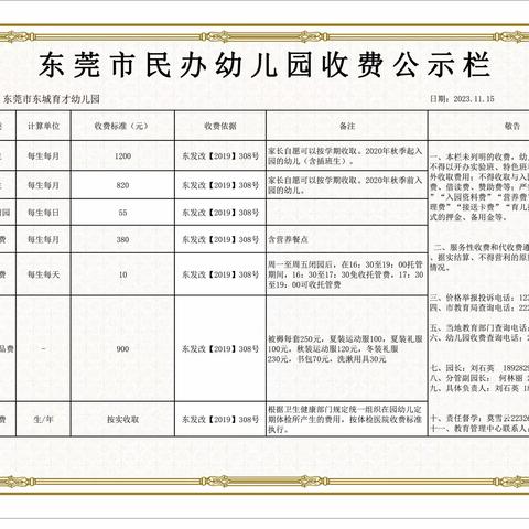 东莞市东城育才幼儿园收费公示