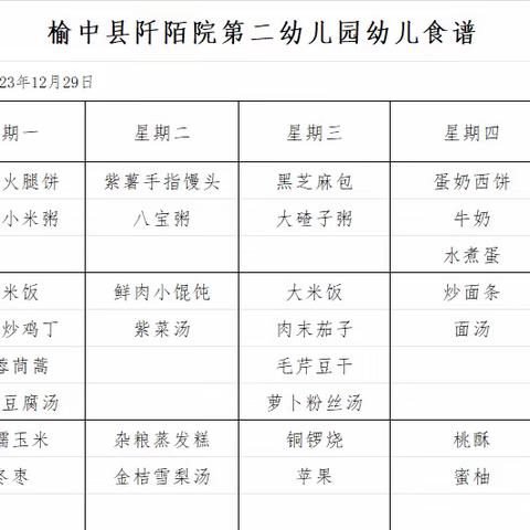 【幼儿园食谱】——榆中县阡陌院第二幼儿园一周食谱分享