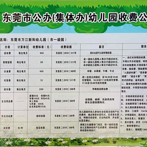 东莞市万江新和幼儿园收费公示