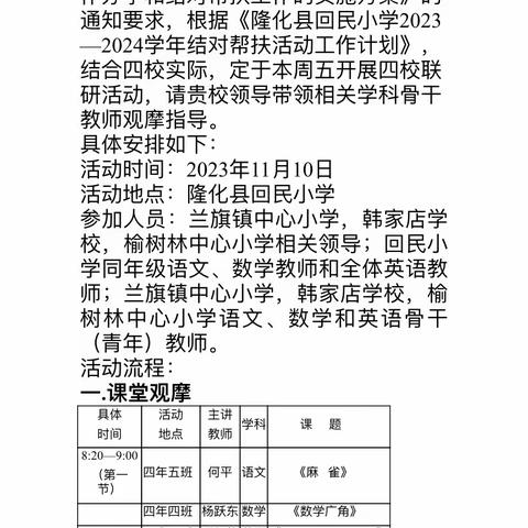 “帮扶结对促成长  携手互助共前行”——隆化县回民小学与榆树林中心小学  兰旗镇中心小学  韩家店学校四校联研