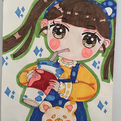 汉寿县太子庙启航美术书法米罗班作品《喝奶茶的小女孩》