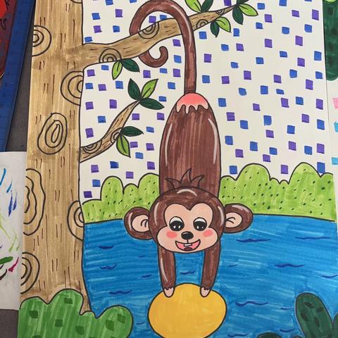 汉寿县太子庙启航美术书法米罗班课程《猴子捞月》