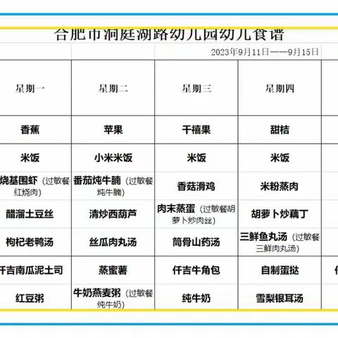 合肥市洞庭湖路幼儿园一周食谱(2023.9.11－9.15)