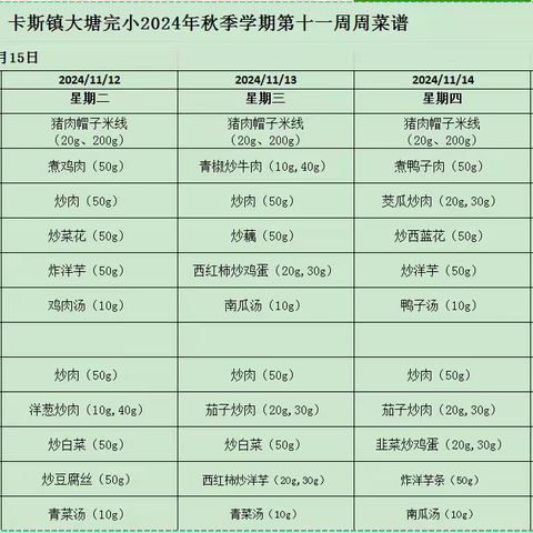 卡斯镇中心学校第十一周食谱公示