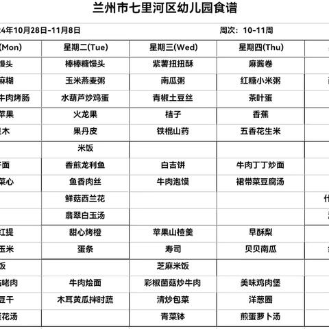 七里河区幼儿园美食预告 ‍第10周——第11周