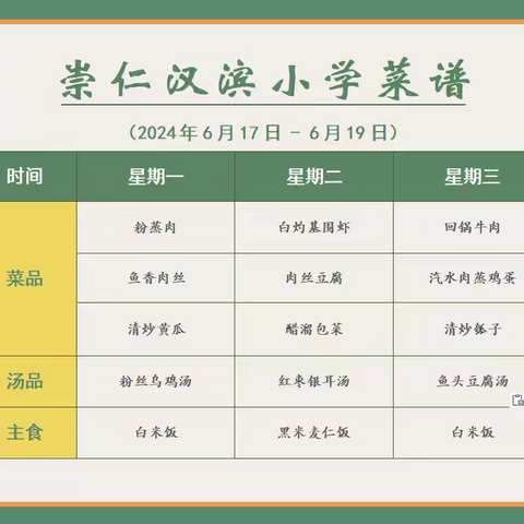 崇仁汉滨小学第十七周菜谱