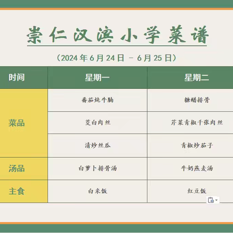 崇仁汉滨小学第十八周菜谱