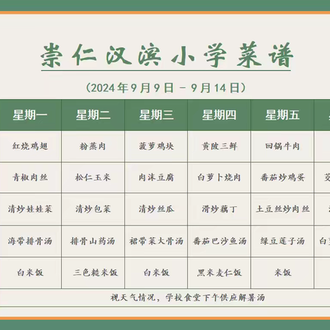 崇仁汉滨小学第二周菜谱