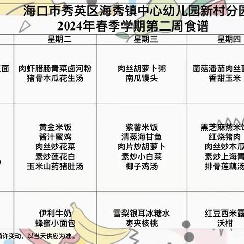 美食相伴——海口市秀英区海秀镇中心幼儿园新村分园2024年春季学期第二周食谱