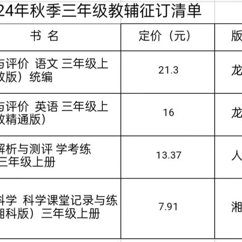 林口县实验学校小学部2024年秋季学期收费教辅订购清单公示