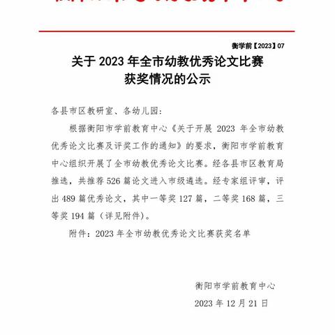 喜报||热烈祝贺艾乐幼儿园教师在衡阳市幼教优秀论文评比中荣获佳绩