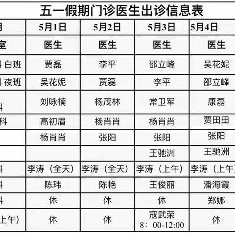 西安市灞桥区人民医院 五一假期门诊出诊通知