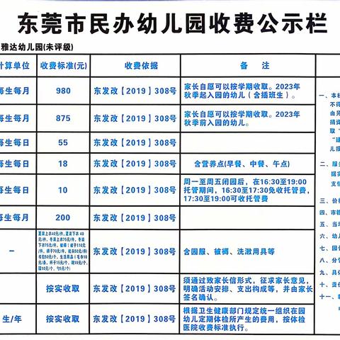 东莞市虎门雅达幼儿园收费标准公示