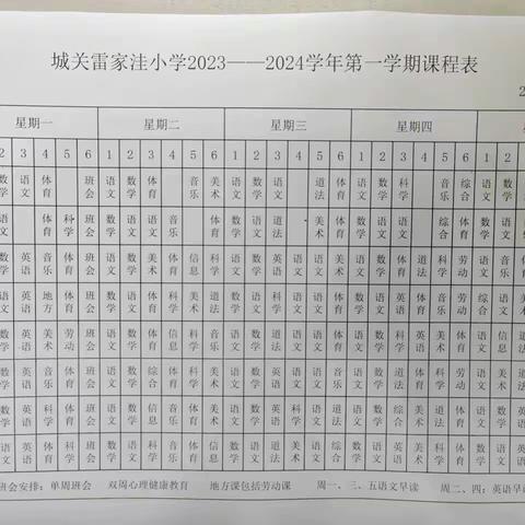 落实“双减” 五育并举 ——城关雷家洼小学2023年秋季学期“晒课表”活动